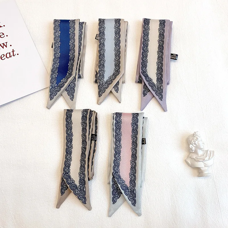

Printing Small Silk Scarf Lady Hair Band Summer Ventilation Scarves Lace Lady Maiden Bow Shawl Wraps Hair Accessories