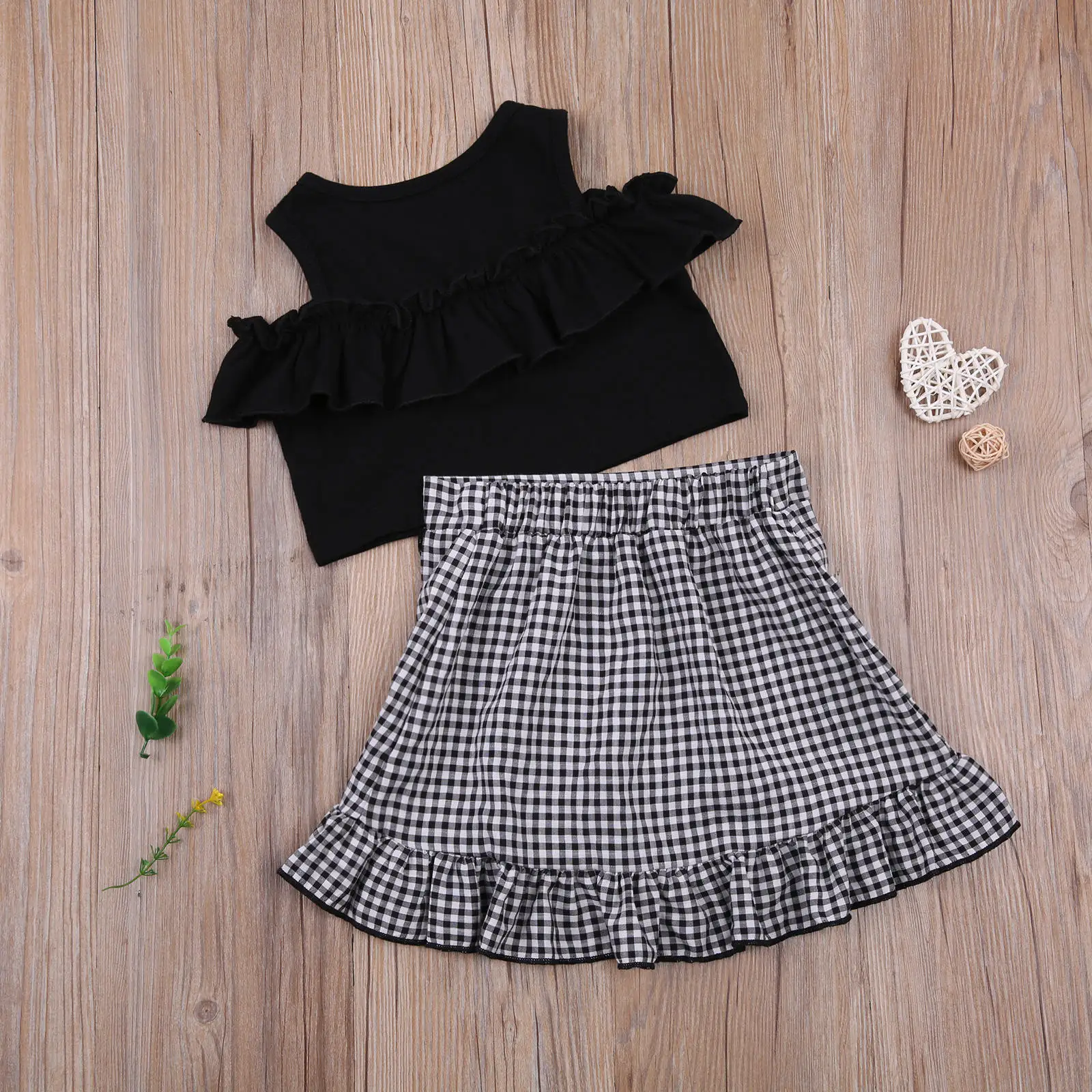 

2021 New Summer 2-7Y Baby Girl 2Pcs Set Off Shoulder Black Short Sleeve Top+Plaid Bow Ruffled Skirt Kid Children Clothes Outfit