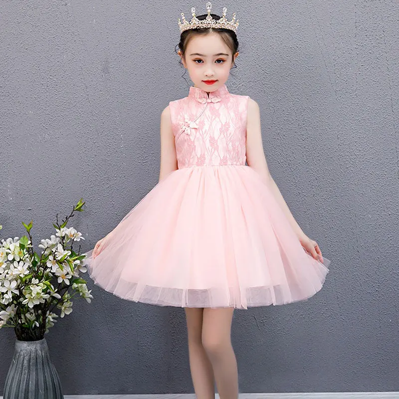 3-12Years Princess Girls Lace Dress Chinese Ancient Mandarin Gown Layered Tulle Sleeveless Party Wedding Dance Folk Frocks | Детская