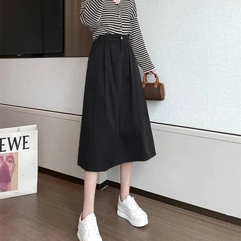 Женская винтажная одежда длинные юбки черная уличная с высокой талией в стиле