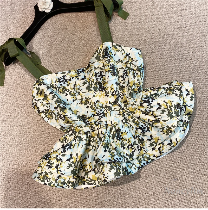 Plaid Printed Ruffled Spaghetti-Strap Camisole Top Women 2021 Summer New Korean Style Sweet Bow Shoulder Shirt Girls Ladies