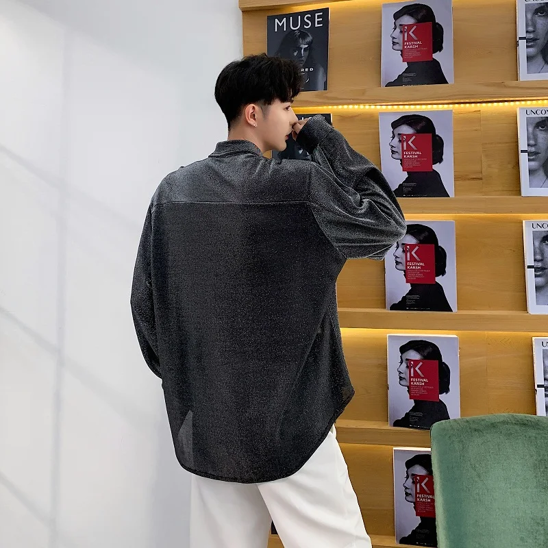 Мужская Серебряная тканевая Повседневная Свободная рубашка с длинным рукавом