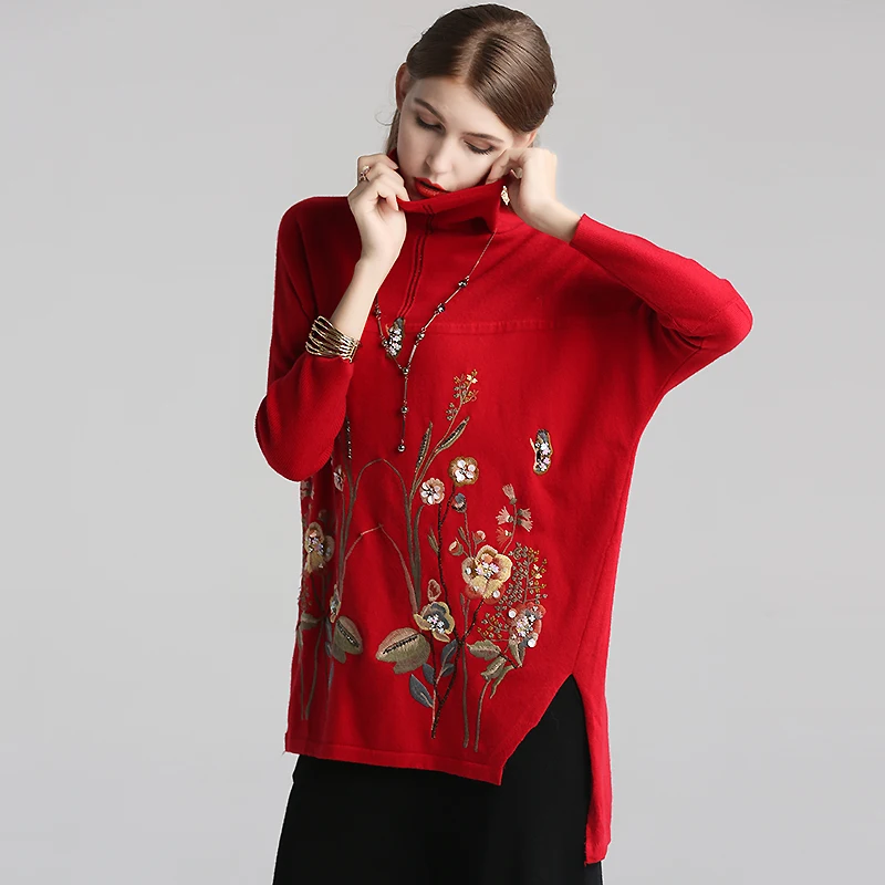 Осенний вязаный свитер с высоким воротником пуловер в китайском стиле вышивкой
