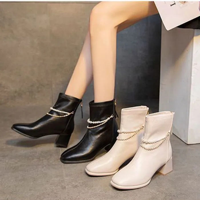 

Autumn And Winter New Martin Boots Fashion ZIP String Bead Concise Breathable All-match Square Heel Med (3cm-5cm) High Quality