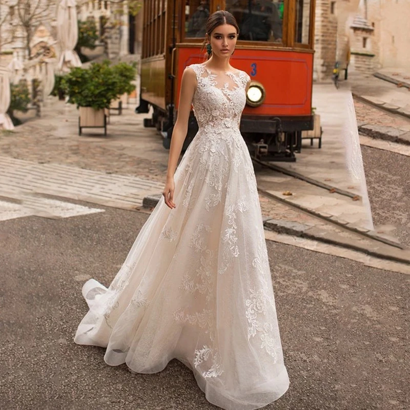 

HERBURNL Elegant A Line Lace Tulle Backless Classic Sleeveless Wedding Dress Long New Fashion Bridal Beach