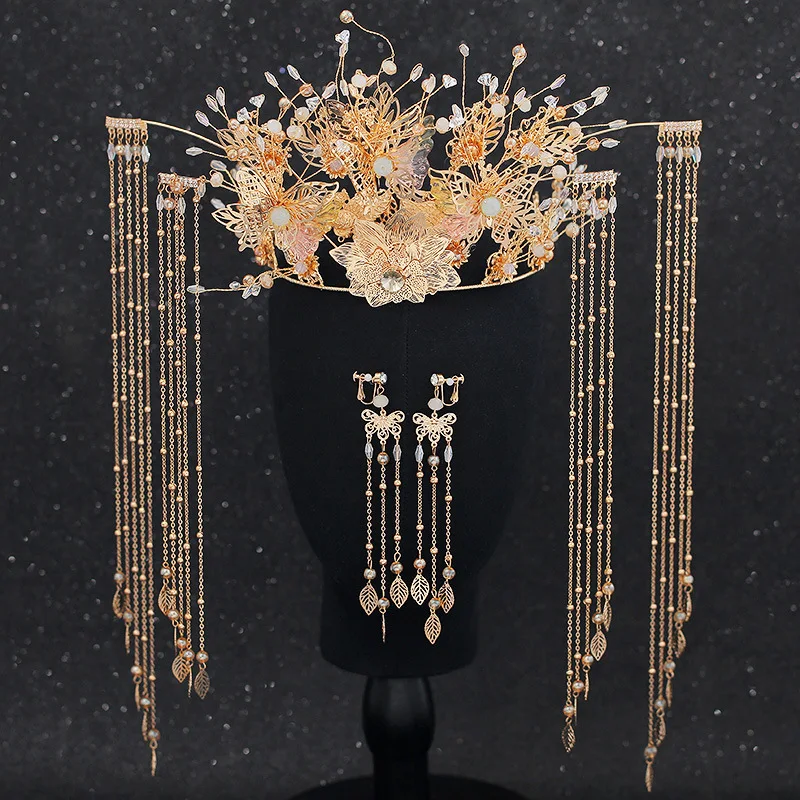 JaneVini Роскошные китайские заколки из бисера длинные кисточки золотые короны для