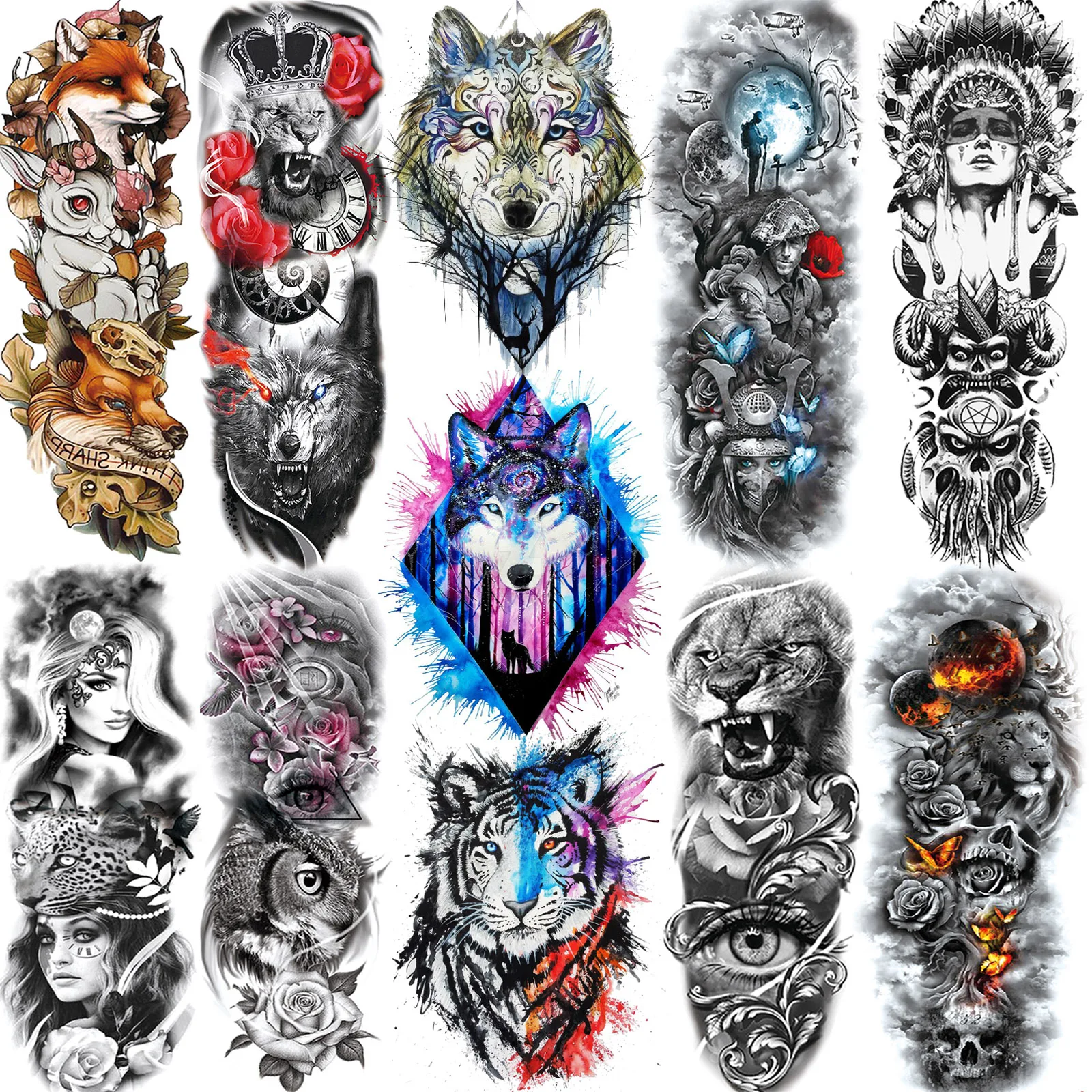

Waterproof Covers Up Temporary Sleeve Tattoos For Women Men Full Sleeve Arm Tattoos Sticker Fake Wolf Lion Owl Tatoos For Adult