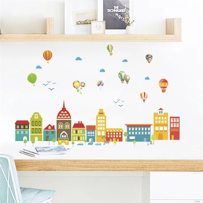 Городское здание с воздушным шаром настенные наклейки для детского сада детской