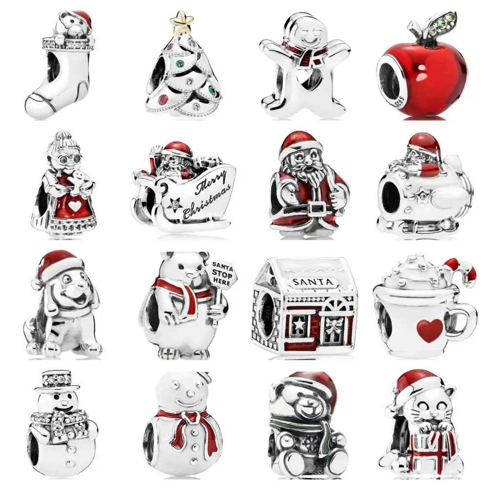 

2021 Pandora Charms Silver 925 Bedels De Bijoux Original Red Appel Christmas Puppy Kitten Santa DIY Jewelry Navidad Beads