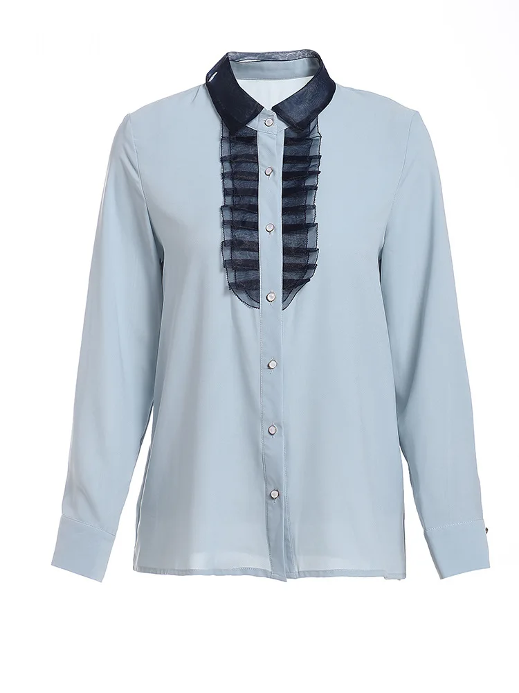 Женская винтажная блузка с длинным рукавом элегантная однотонная голубая
