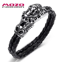 2020 new men jewelry black leather bracelet stainless steel skull punk charm bangle pulseras gifts