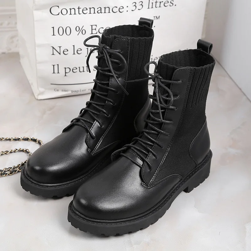 

New Martin Boots Women's Elastic Flying Knit Shoes Mid-tube Thick-soled Shoes Ankle Boots Female