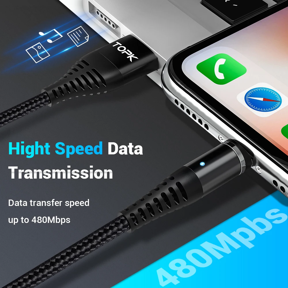 Магнитный usb-кабель TOPK 5A для iPhone, Xiaomi, huawei, Micro USB type C, кабель для быстрой зарядки и передачи данных type-C, кабель для мобильного телефона