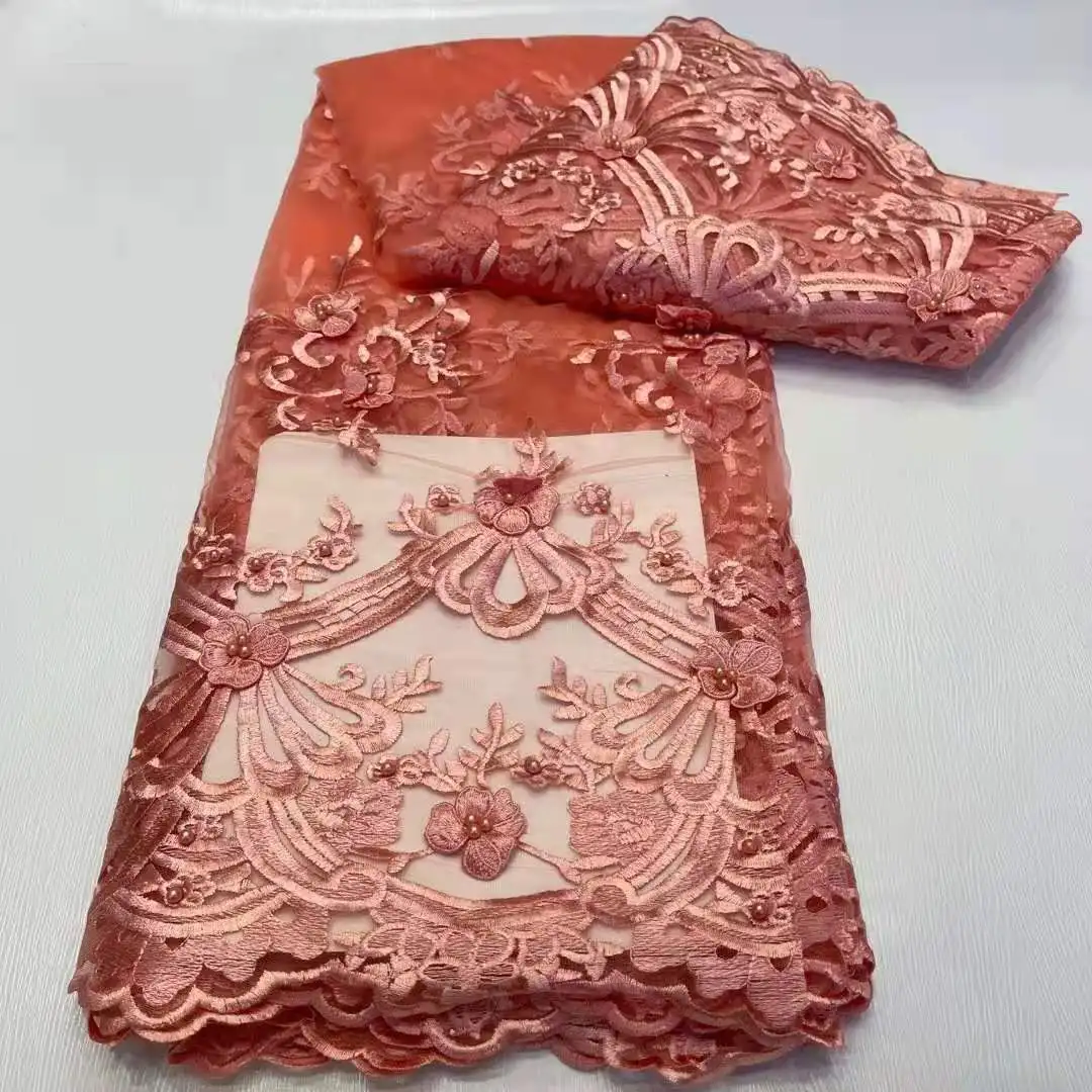 

Beautiful evening dress design/With beads 3D Flowers embroidery French mesh African lace fabric sew wedding dress party skirt