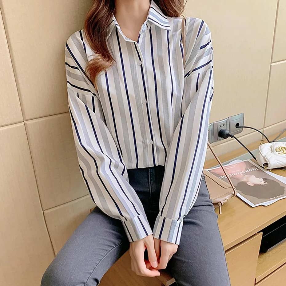 

2XL Korean Vertical Striped Shirt Women 2021 Spring Autumn Retro Long Sleeve Work Shirt Elegant OL Blusa