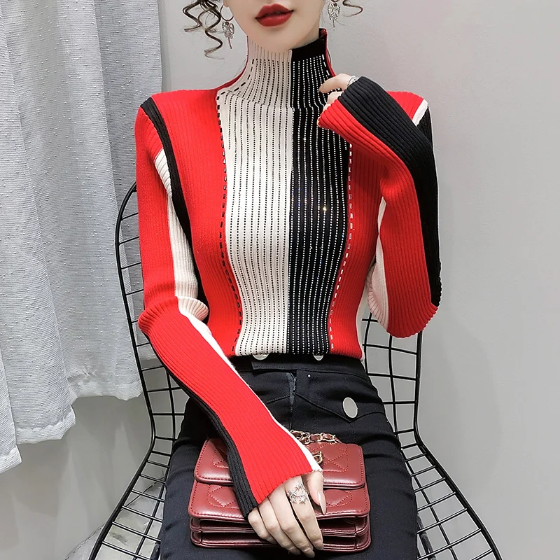 Свитер бриллианты с воротником хомут новая зимняя облегающая сращенная