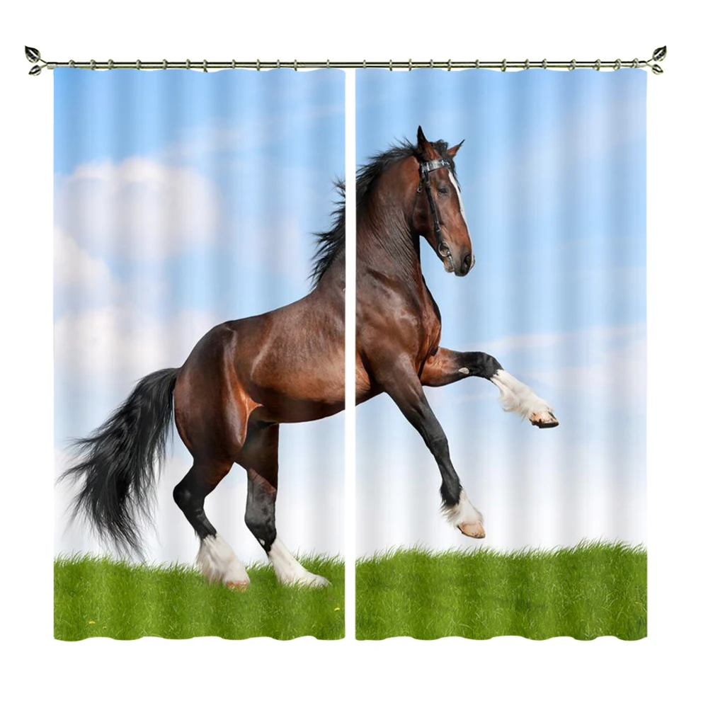 

Horse Running On Grass Under Blue Sky High-precision Blackout Curtains Dersonalized 3D Digital Printing Purtains DIY Photos