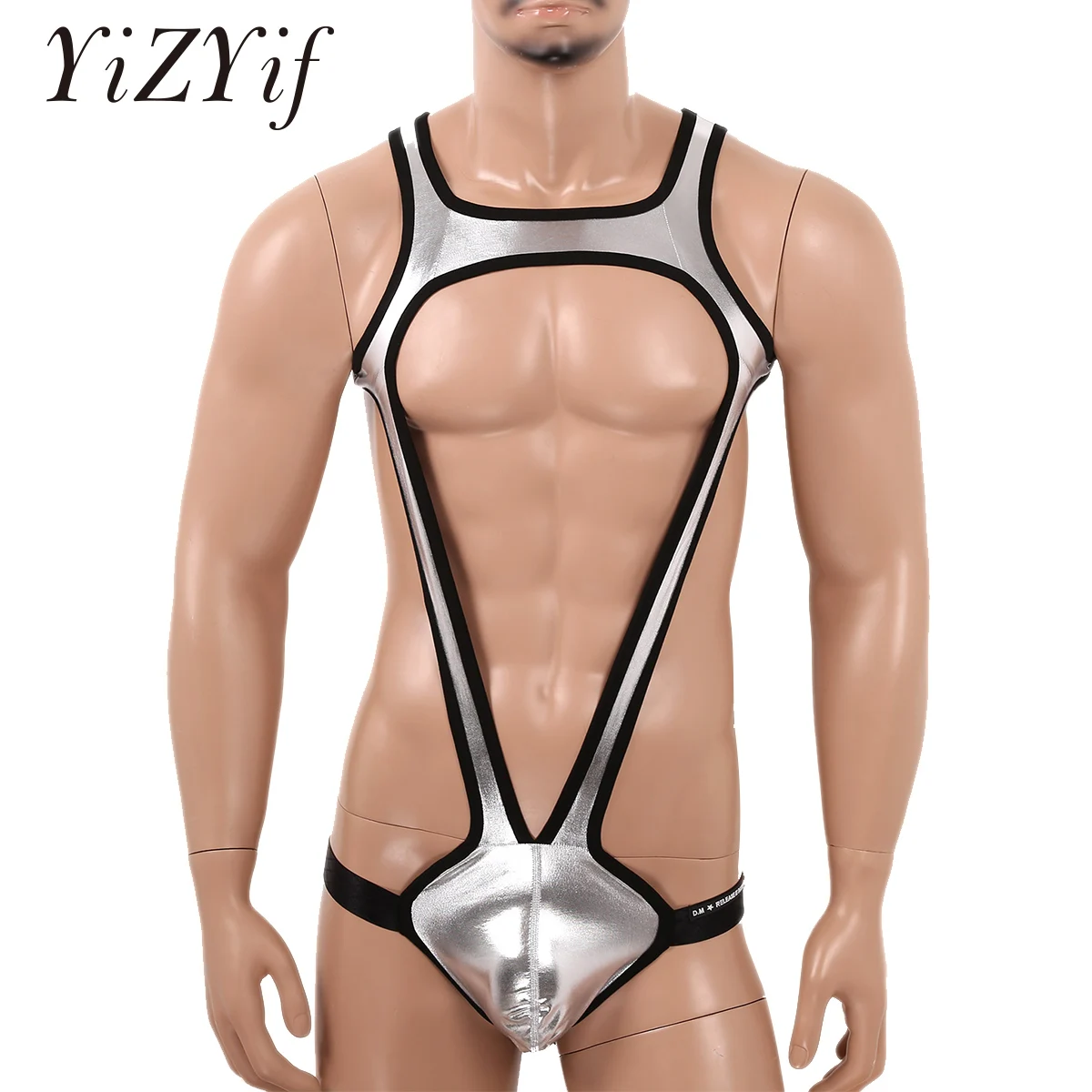 

Mens Jockstrap One-piece Shiny Metallic Wide Shoulder Straps Bulge Pouch Wrestling Singlet Leotard Mankini Bodysuit Underwear