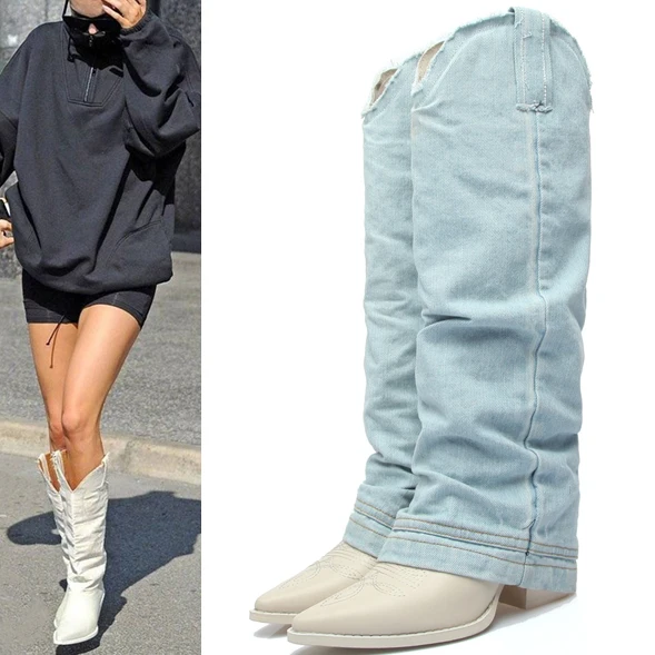 Western Hot Denim Cloth Foldover Boots Woman Cow Leather Patcwork Knee Boots Chunky Heel Pointed Toe Boots Slip On Knight Boots