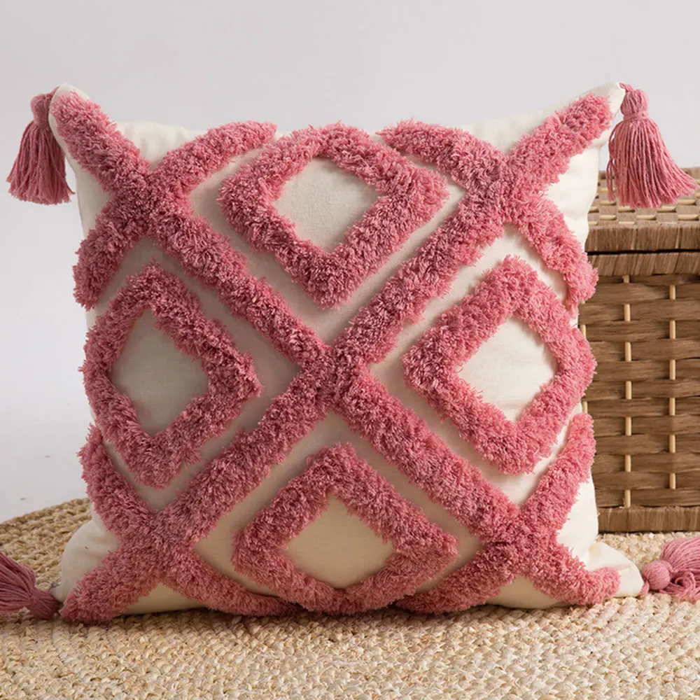 

Papa&Mima Pink Plaids 3D Quilted Cotton Linens Soft Square Knitted Cushion Covers Protective No Core for Sofa Chair Car