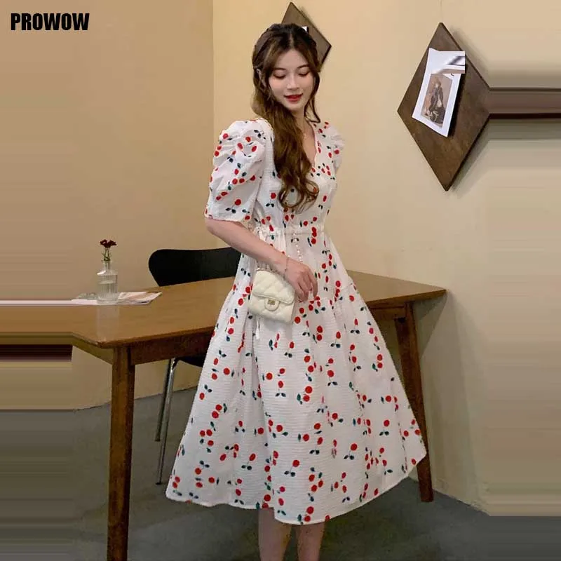 

2021 New Summer Fashion Women Cherry Print Dress Slim V-Neck Korean Party Holiday Dresses One-Piece For Female Elegant Dress