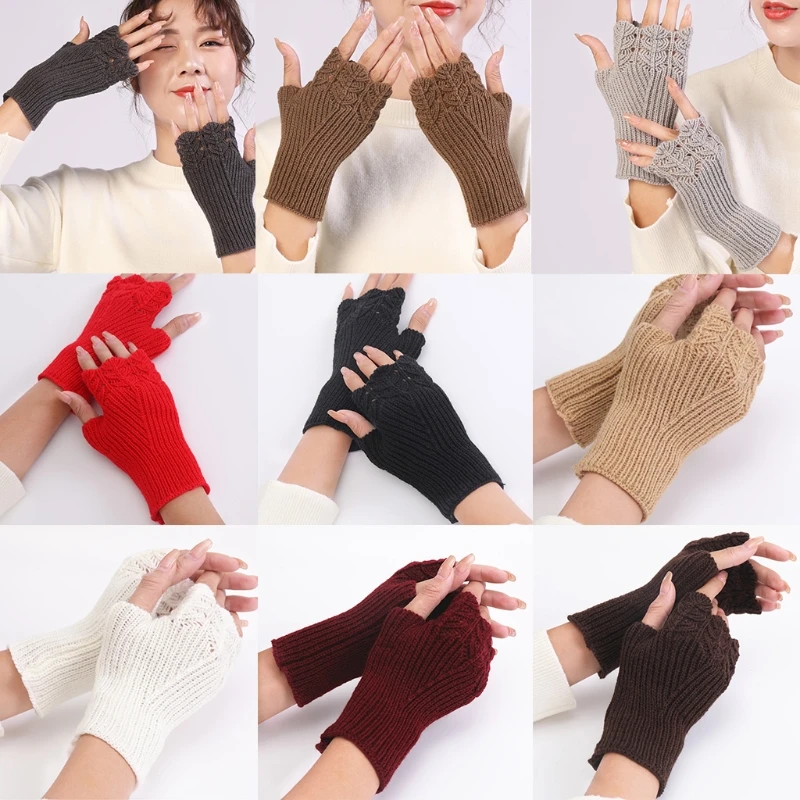 

Knitted Hand Gloves Stretchy Wrist Length Fingerless Arm Warmer Half Finger Mittens with Thumb Hole Winter Warm Gloves