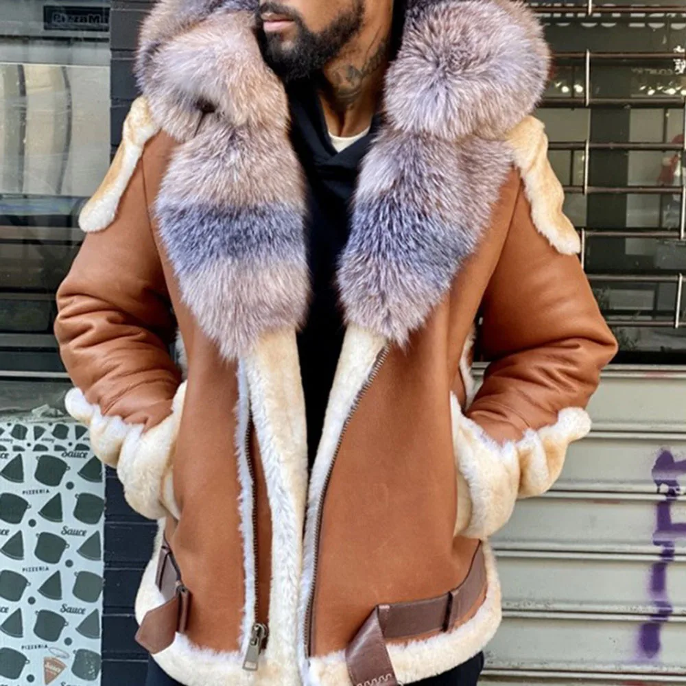 

2021 Fashion Casual Mens Leather Jacket Autumn Winter New Brown Patchwork Fur Collar Zipper Long Sleeve Mens Leather Jacket