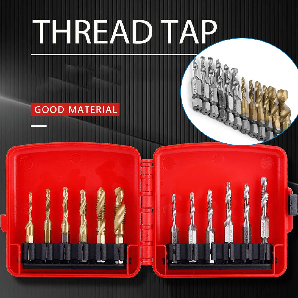 

12Pcs Hex Shank Titanium Plated HSS Screw Thread Metric Tap Drill Bits SAE Thread Screw Screw Machine Compound Tap Hand Tools