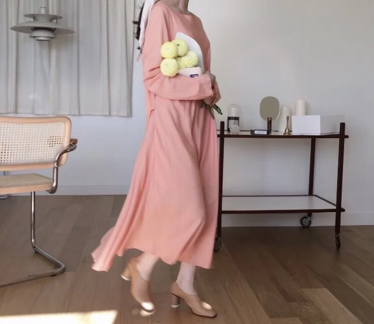 

2020 Summer Korean Solid Straight Belted Long Dress Women Long Sleeve O-neck Vintage Casual Fashion Pleated Dresses Vestidos
