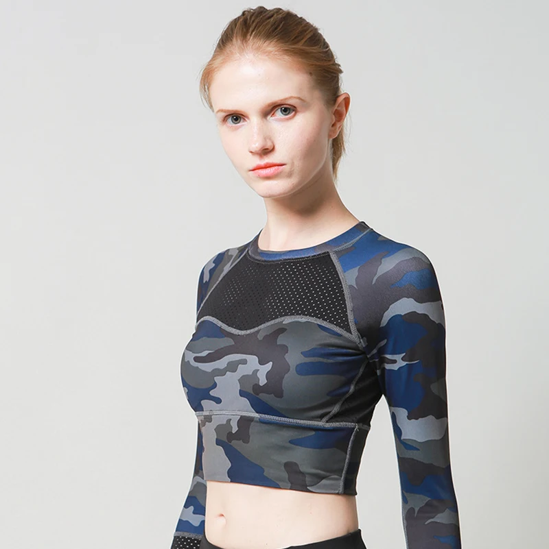 Camouflage blue Women Seamless Long Sleeve Crop Top Yoga Athletic Gym Mesh Shirts Running Training Fitness Workout Top Quick Dry Active Shirts - Цвет: Camouflage blue