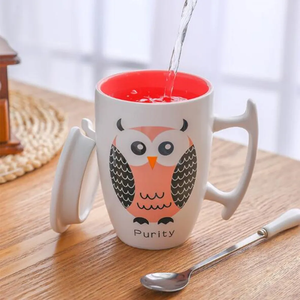 350 ml Owl Ceramic Cup Mug With Lid Spoon Coffee Animal Pattern Milk Tea Colorful Drinkware Drop shipping | Дом и сад