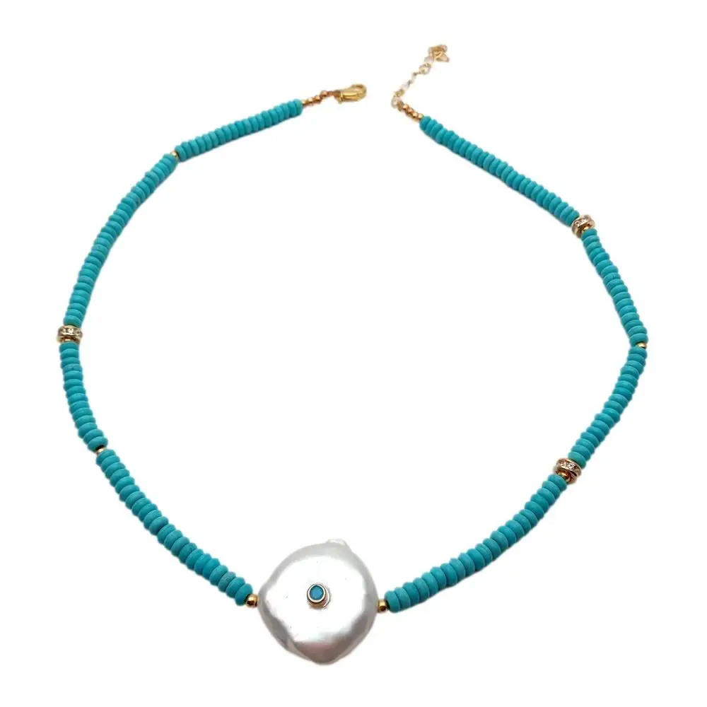 

Y·YING Unique Choker Necklace Blue Turquoise Cultured White Coin Pearl Necklace 18" Women Jewelry