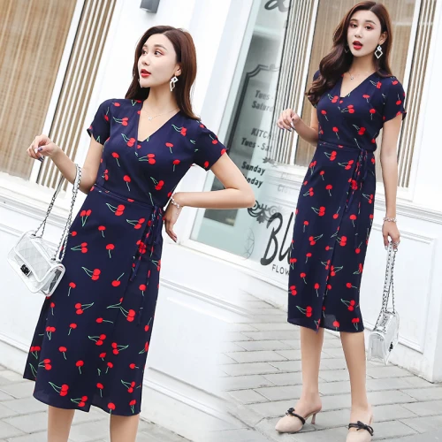 

Brief New 2019 Fashion Korean Dresses High Waist Casual A-line Women Dress Chiffon V Neck Mid-calf Floral Dress