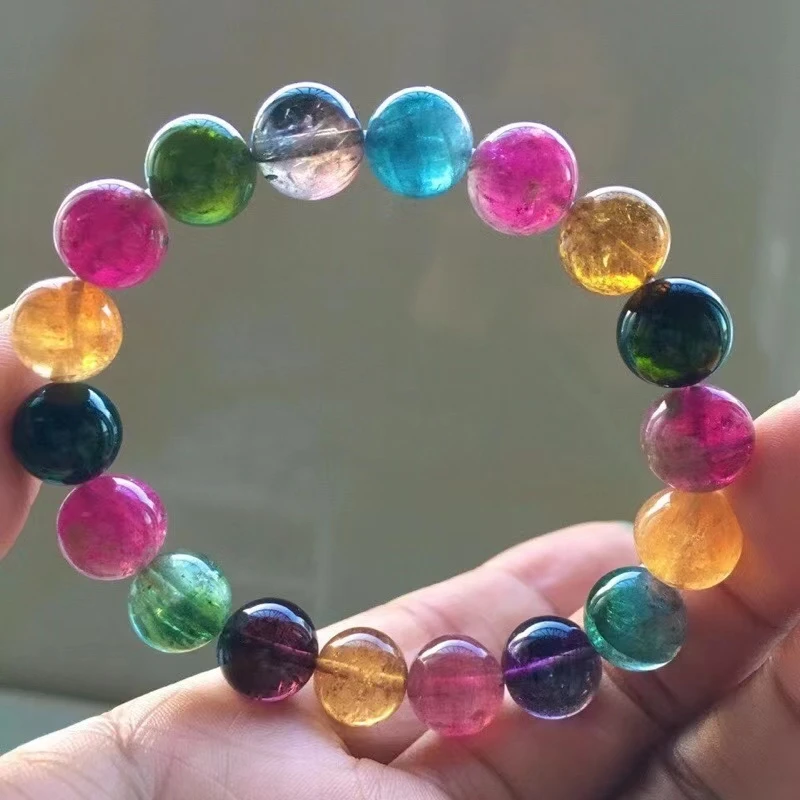 

Natural Colorful Tourmaline Crystal Bracelet 11mm Clear Round Beads Women Men Crystal Jewelry Genuine AAAAAA