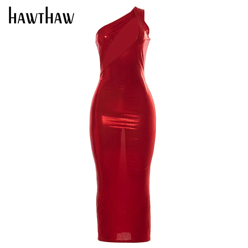 

Hawthaw Women Summer Sexy Hollow Out One Shoulder Party Club Bodycon Red Long Pencil Dress 2021 Female Clothing Streetwear
