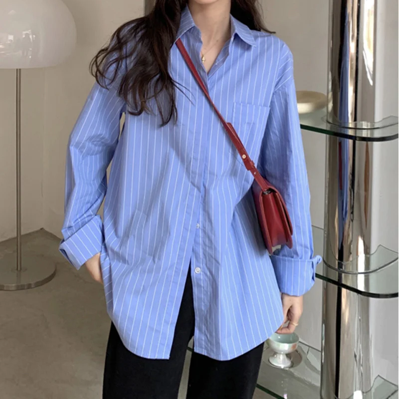 

Blue Stripe Shirt Coat Women's Spring and Autumn Design Sense Niche Shirt 2021 New Chic Long Sleeve Top