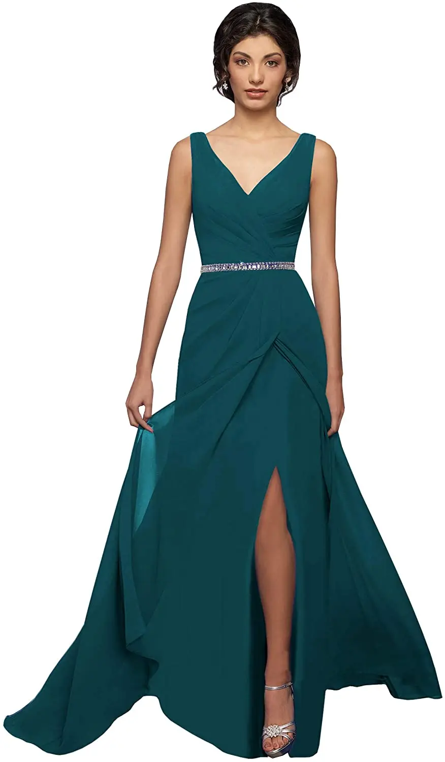

Women's V-Neck Ruched Chiffon Long Bridesmaid Dress A-line Slit Beaded Formal Evening Prom Dress Bride-dress