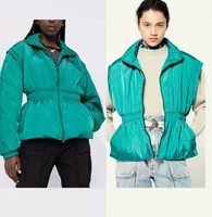 2021 winter green cotton coat jacket waist was thinner temperament lapel detachable sleeve zipper vest vest women