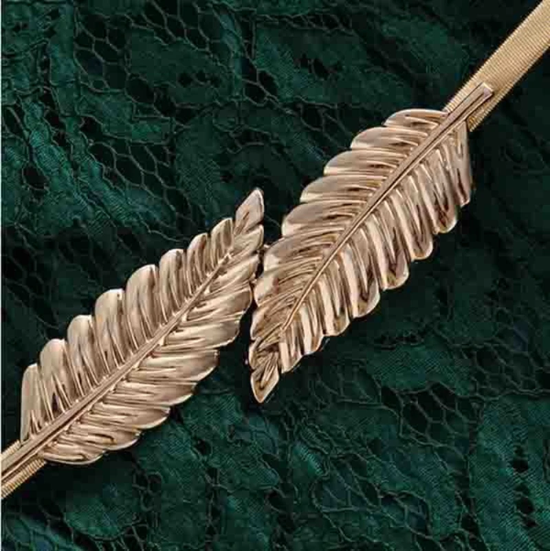 

Women's Fashion Metal Golden Silver Leaves Chain Belt Waist Band Elasticity Waist Belt For Dress Skirt Bands Female