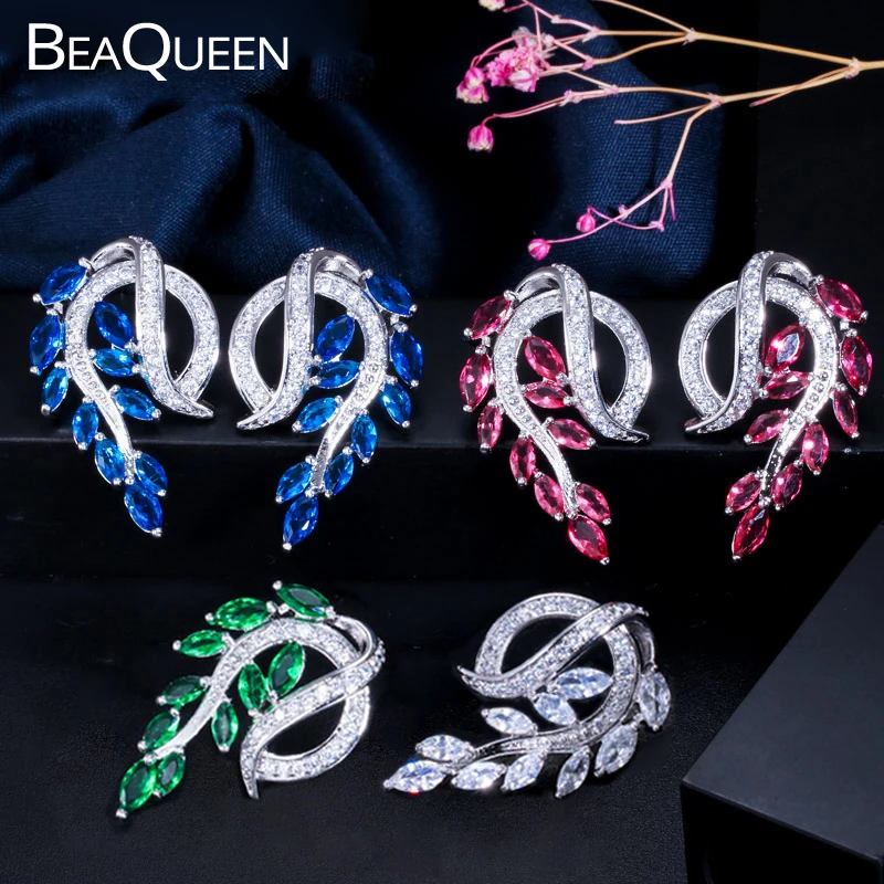 Женские серьги гвоздики с фианитом BeaQueen зеленые синие красные фианитами класса