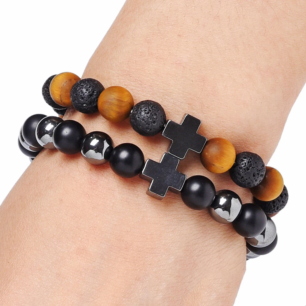 Модный матовый браслет с тигровым глазом для мужчин лавовый камень натуральный