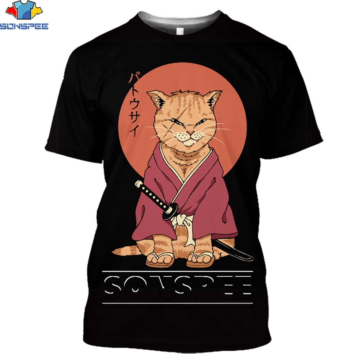 Мужская футболка SONSPEE с 3D-принтом японских тату-самураев и кошек Забавные