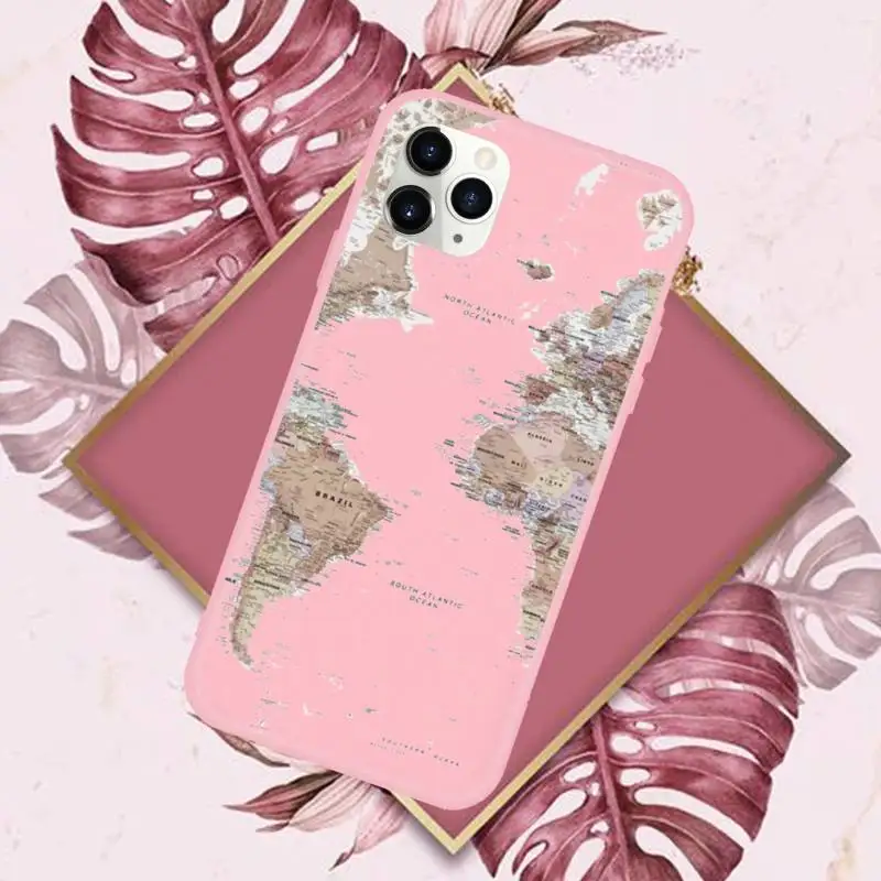 

map word travel Phone Case Pink Candy Color for iPhone 11 12 mini pro XS MAX 8 7 6 6S Plus X SE 2020 XR