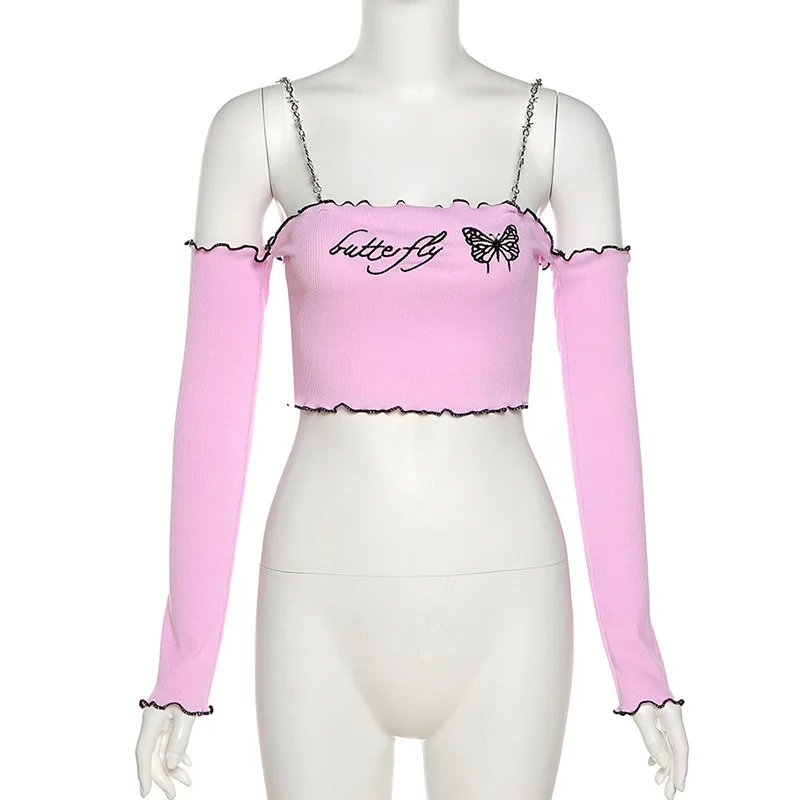 

New female slim fit fashion butterfly letter embroidered iron chain sling T-shirt
