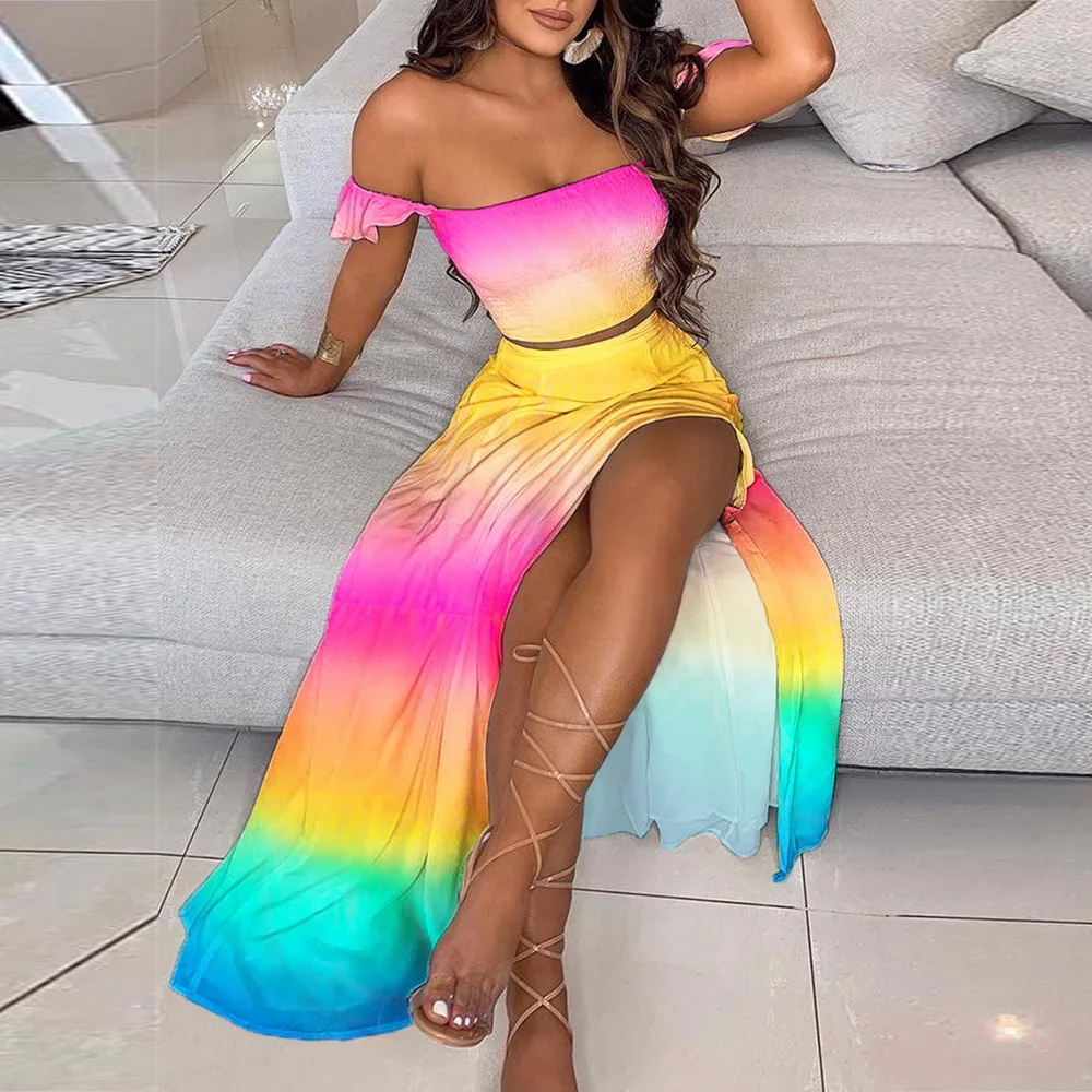 

2021 Summer Dress two piece Women Elegant Sexy Off Shoulder Tops And Split Long Dress Suits Floral Print Two Piece Sets
