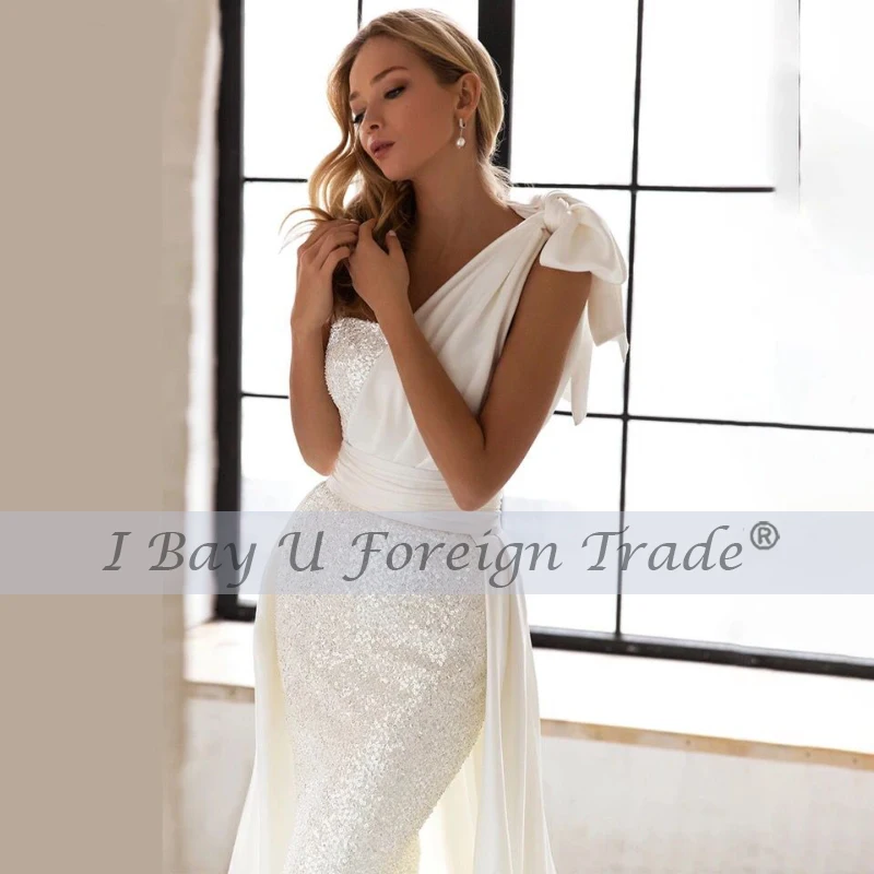 

Real Photo A-Ling Wedding Dress 2021 Strapless One Shoulder Zipper Bow Long Train Wedding Gown Vestido De Noiva