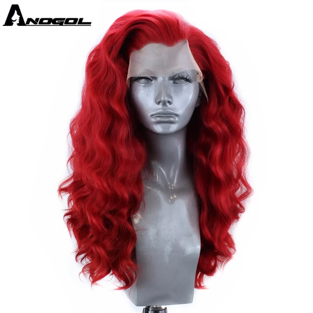 Anogol Красный синтетический кружевной передний парик с бесплатной частью
