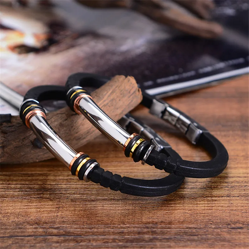 Мужской браслет из нержавеющей стали резиновый силиконовый с застежкой для