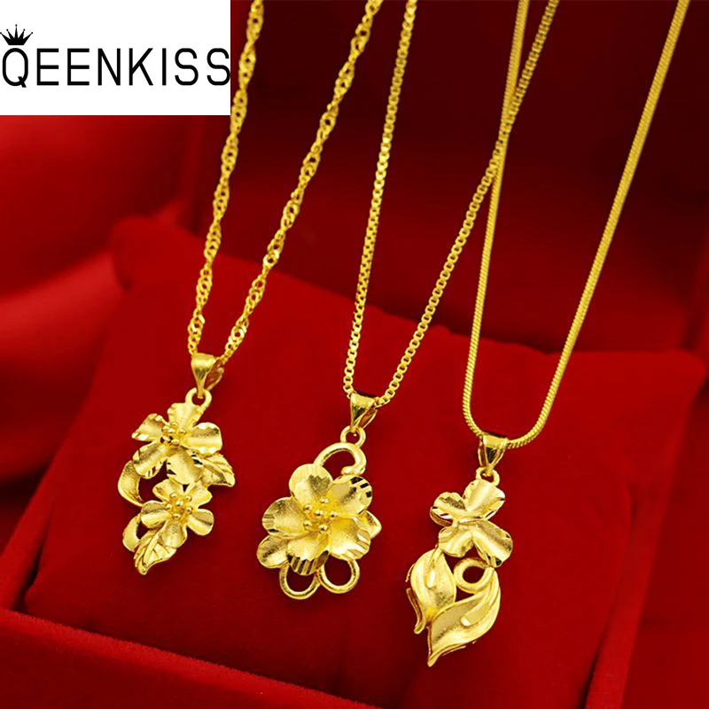 

QEENKISS NC561 Fine Jewelry Wholesale Fashion Hot Woman Girl Birthday Wedding Gift Exquisite Flower 24KT Gold Pendant Necklaces