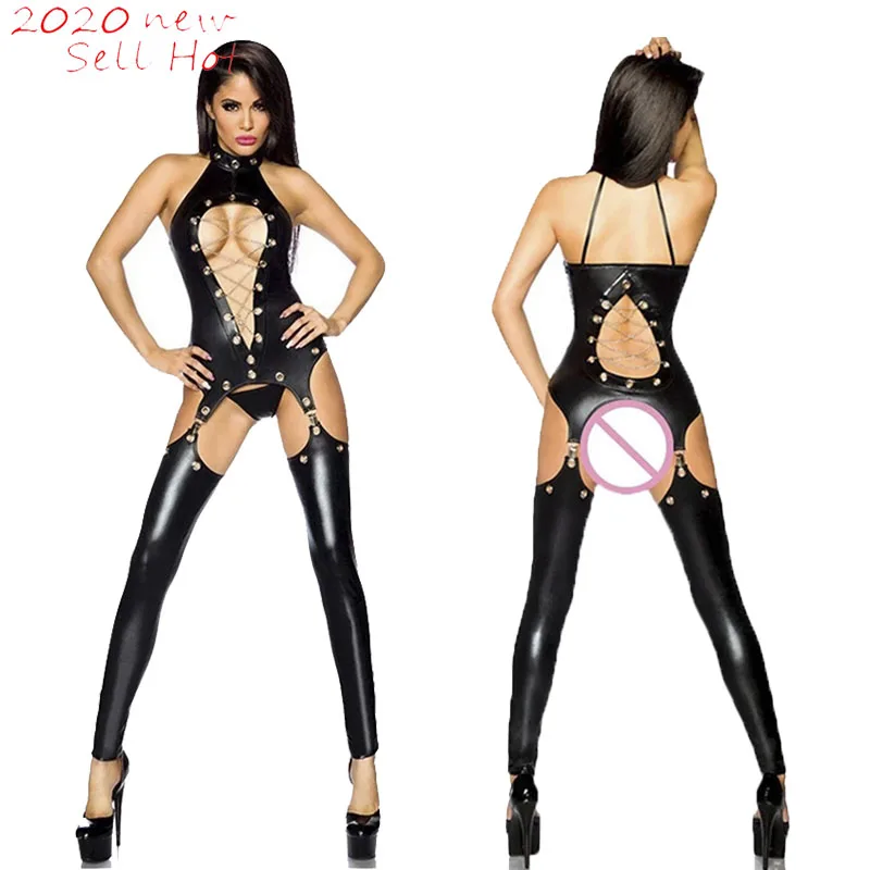 Женские пикантные черные сапоги ПВХ сексуальный костюм полые из искусственной